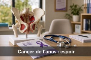 Bureau de médecin avec un modèle de pelvis humain, un stéthoscope et une brochure de sensibilisation, éclairage doux, avec le texte 'Cancer de l'anus : espoir' en superposition.