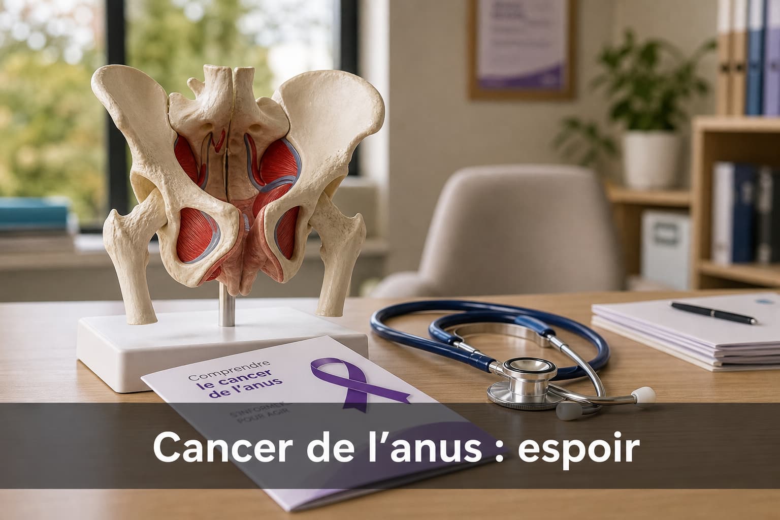 Bureau de médecin avec un modèle de pelvis humain, un stéthoscope et une brochure de sensibilisation, éclairage doux, avec le texte