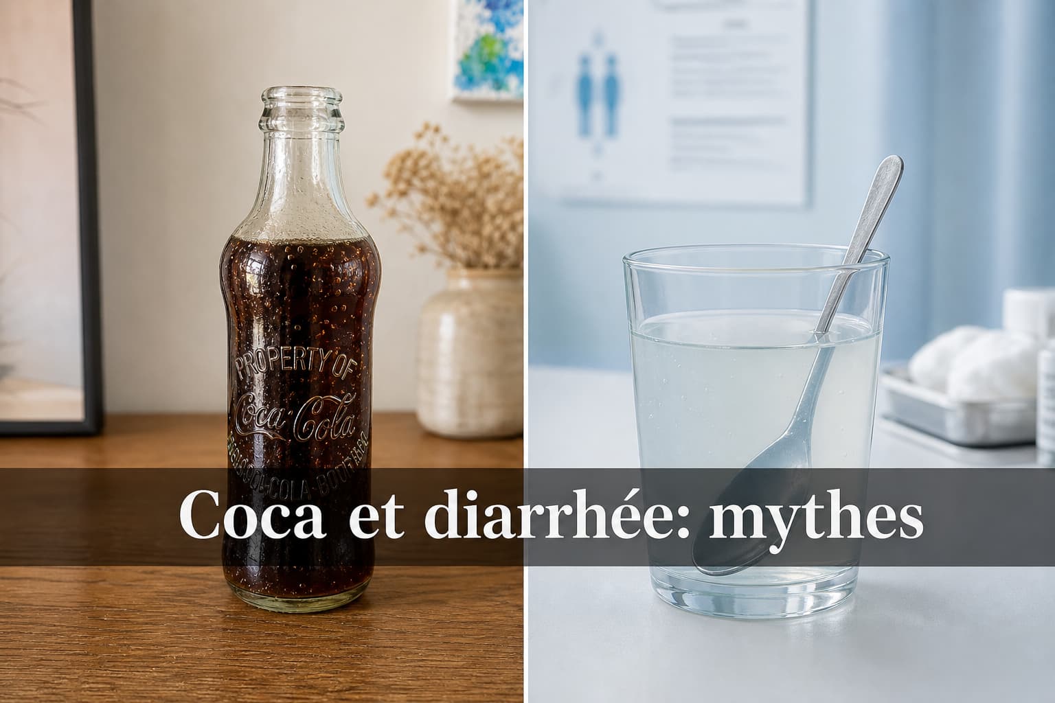 Une bouteille de Coca-Cola ancienne avec des bulles à gauche et un verre de solution de réhydratation orale avec une cuillère à droite, sur fond contrastant remède maison et cadre médical, avec le texte superposé