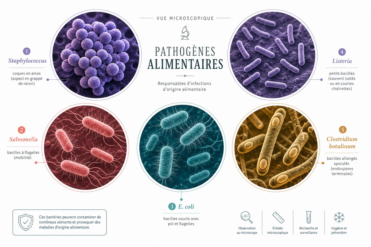 Collage de cinq illustrations stylisées de pathogènes alimentaires courants, chacun accompagné d