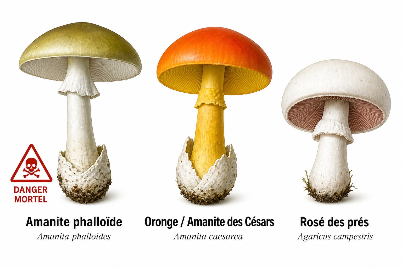 Trois champignons alignés sur fond blanc : à gauche, l