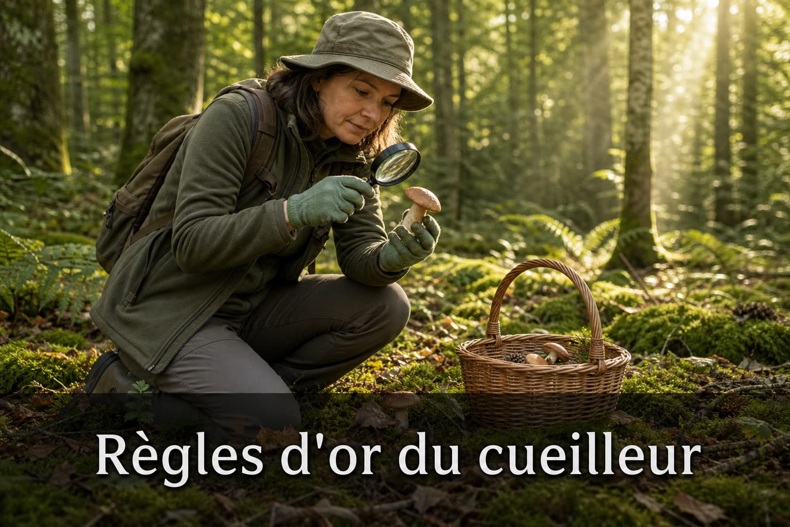 Un cueilleur prudent dans une forêt ensoleillée, portant des gants et examinant un champignon avec une loupe, un panier en osier à proximité, avec un bandeau texte