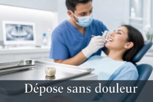 Un dentiste en blouse réalise un soin sur un patient détendu, une couronne dentaire est visible sur un plateau, le tout dans une clinique moderne à la lumière douce, avec le texte 'Dépose sans douleur' affiché en bas.