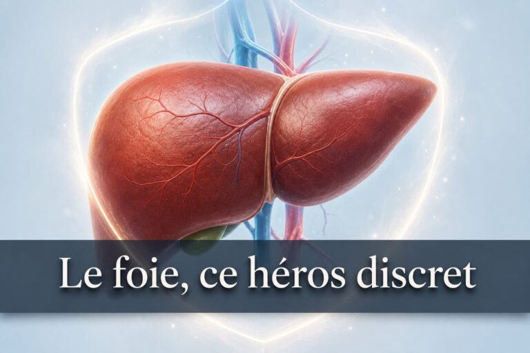 Un foie humain entouré d'une aura lumineuse protectrice sur un fond épuré, avec le texte 'Le foie, ce héros discret' en surimpression sur un bandeau sombre semi-transparent.