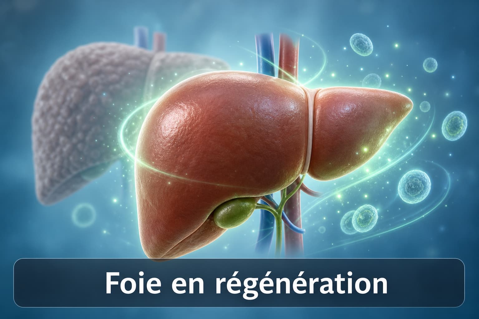Un foie sain en régénération, rendu en 3D médical, avec des particules brillantes symbolisant la guérison, une silhouette de foie endommagé en fondu à l