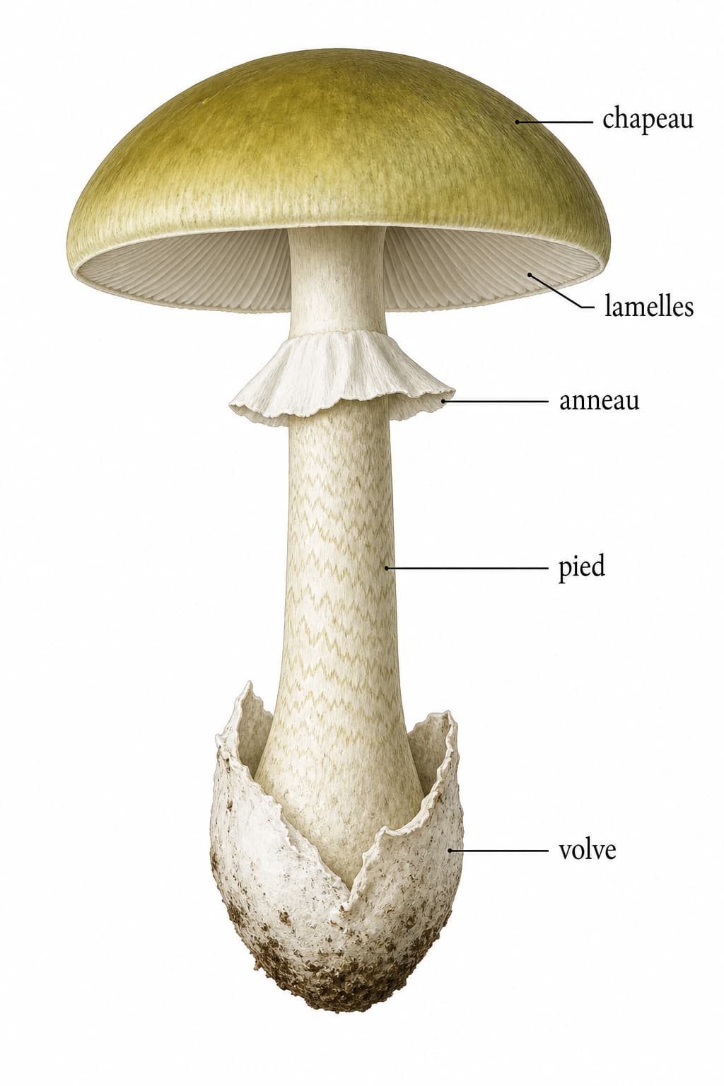 Amanite phalloïde en illustration botanique avec chapeau vert olive, lamelles blanches, anneau membraneux, volve en sac et pied à motif zigzag, étiquetés en français sur fond blanc.