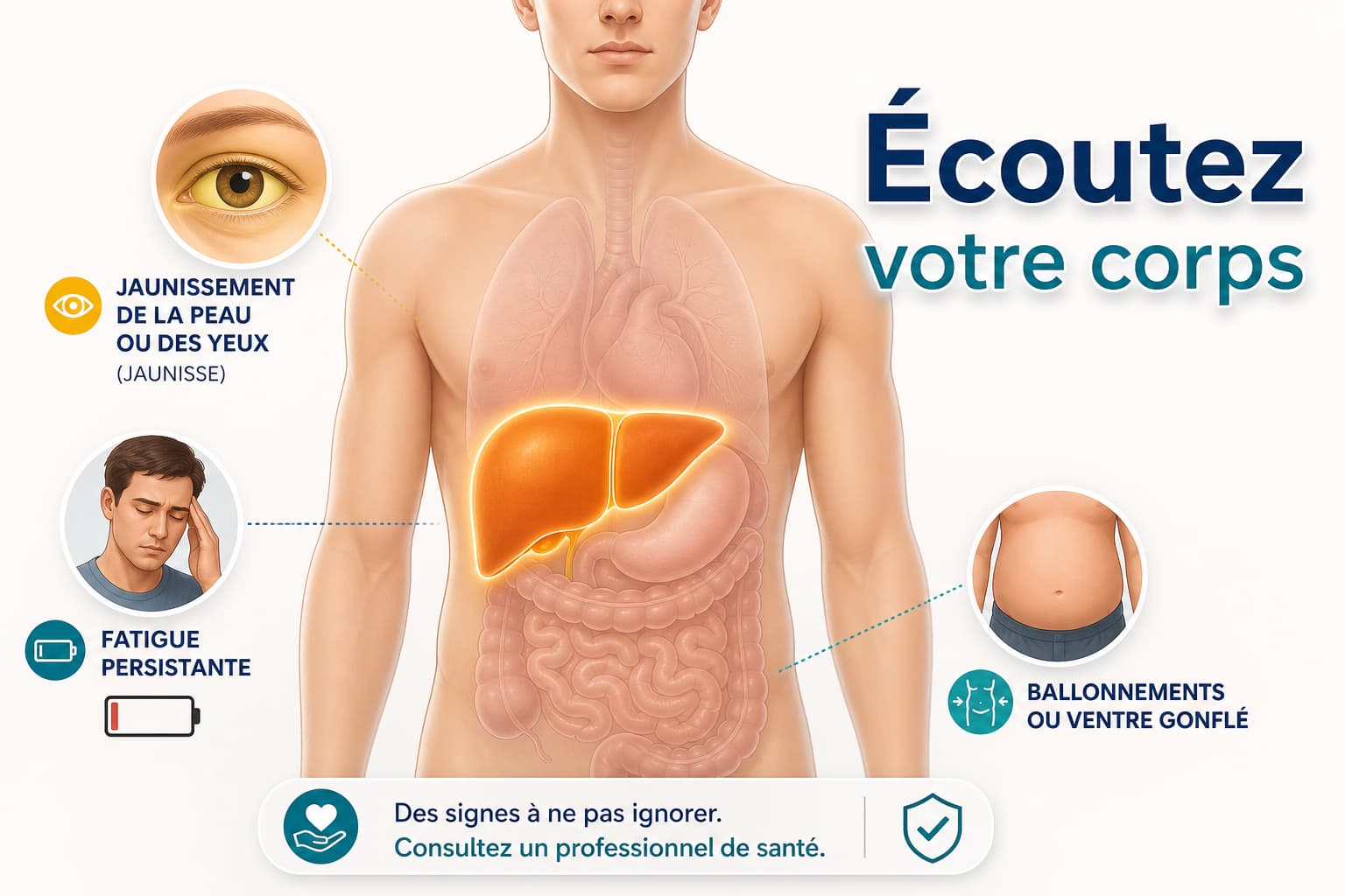 Illustration médicale torse humain avec foie lumineux et icônes de symptômes