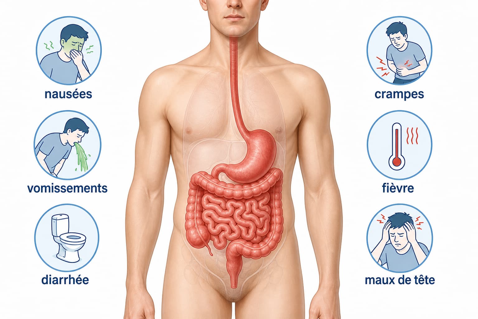 Illustration médicale montrant une vue antérieure du torse humain avec le système digestif surligné en rouge, entouré d