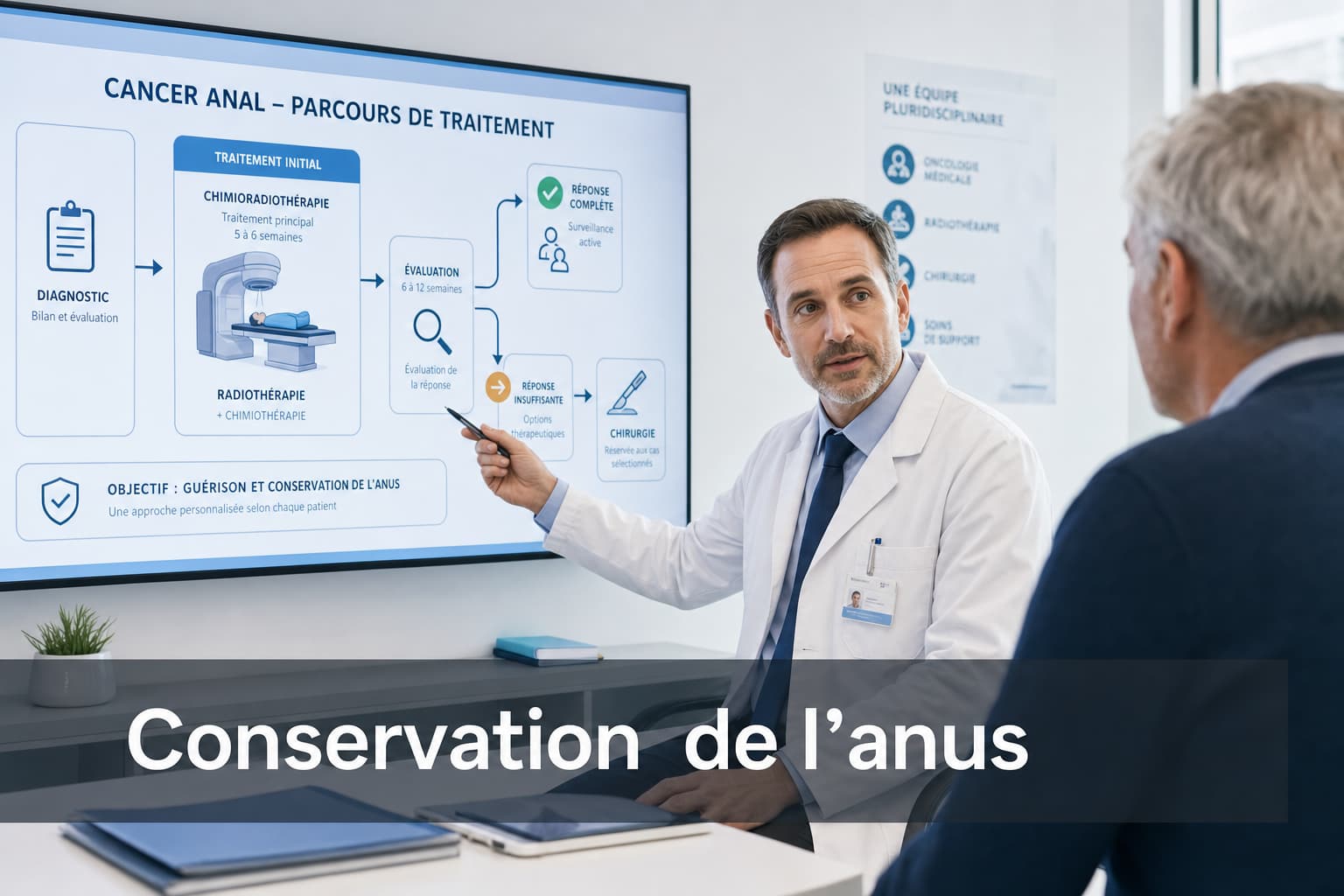 Un professionnel de santé pointe un diagramme sur un écran montrant le parcours de traitement du cancer de l