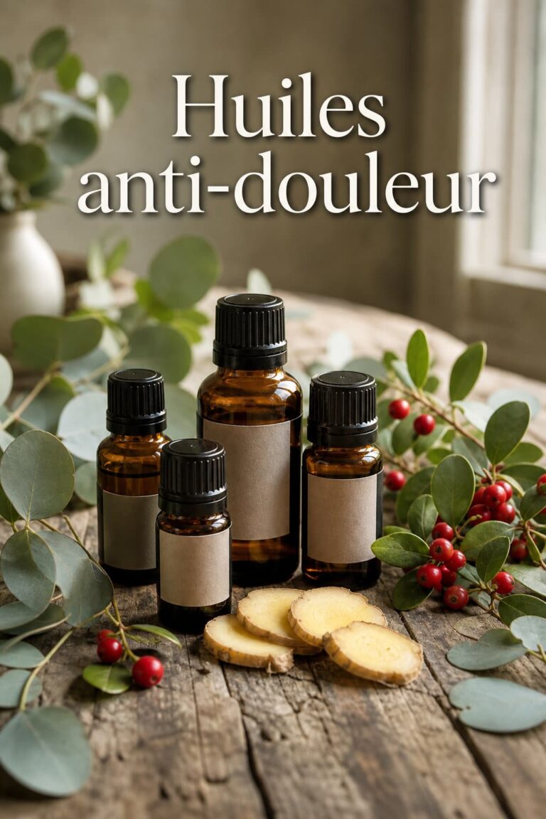 Composition de bouteilles d'huiles essentielles sur une table en bois, entourée de feuilles d'eucalyptus, brins de wintergreen et tranches de gingembre, avec le texte 'Huiles anti-douleur'.