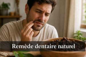 Personne en détresse pressant un clou de girofle sur sa joue, bol en bois de clous de girofle entiers au premier plan, lumière naturelle, texte superposé 'Remède dentaire naturel' en ombre.