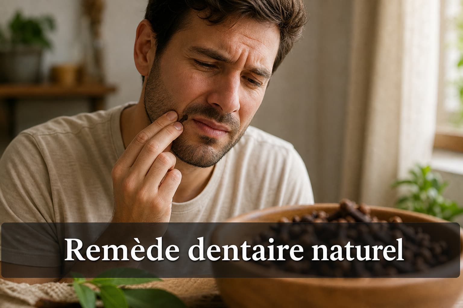 Personne en détresse pressant un clou de girofle sur sa joue, bol en bois de clous de girofle entiers au premier plan, lumière naturelle, texte superposé