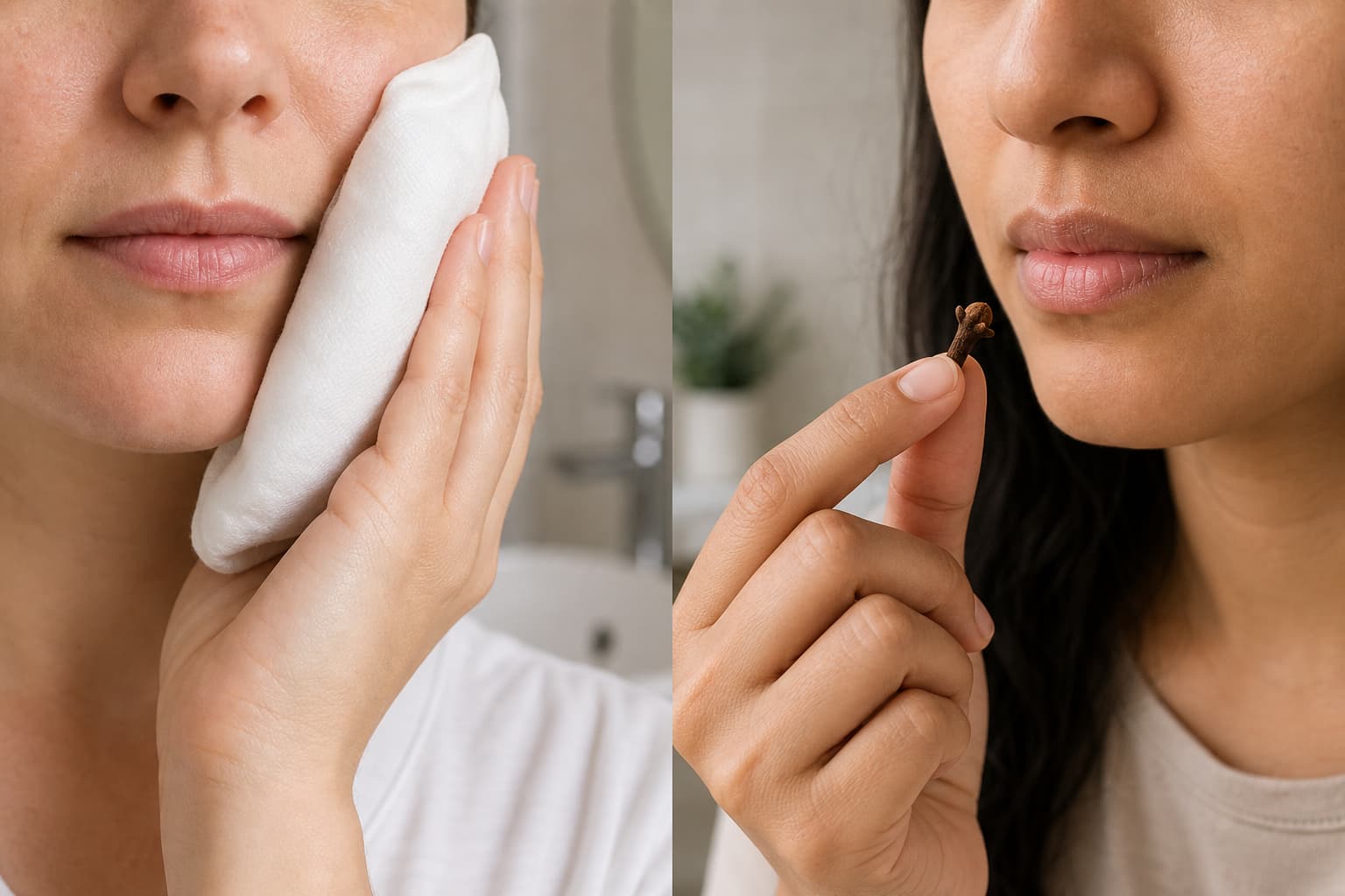 Double portrait en gros plan montrant à gauche une main pressant une compresse froide sur une joue, et à droite une main approchant un clou de girofle de la bouche, sur fond de salle de bain floue.