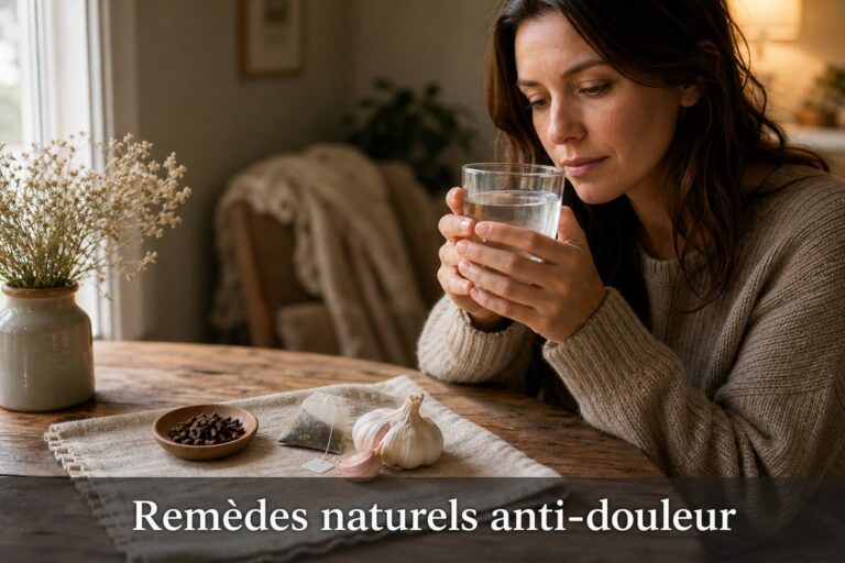 Personne en lumière naturelle douce tenant un verre d'eau salée à une table en bois, expression pensive, avec clous de girofle, sachet de camomille et ail sur un linge en lin, tons chauds, et texte superposé 'Remèdes naturels anti-douleur'.