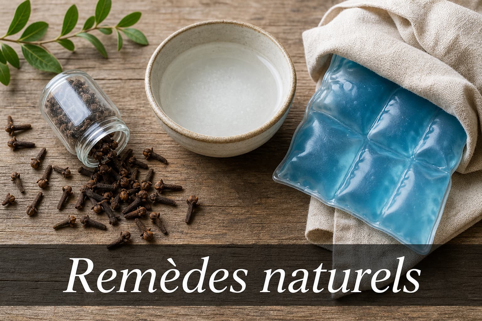 Composition à plat de remèdes naturels pour soulager le mal de dents, avec des clous de girofle, un bol en céramique d