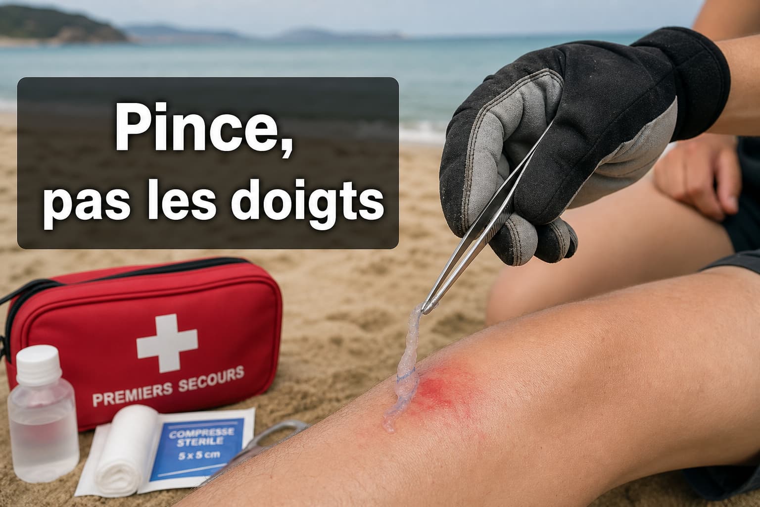 Sur une plage, une main portant un gant épais utilise une pince pour retirer un tentacule translucide d