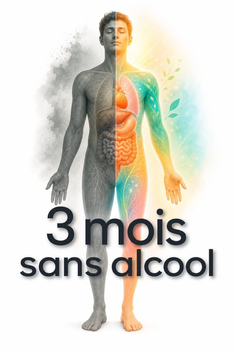 Silhouette humaine moitié terne et grise, moitié vibrante et colorée, symbolisant une transformation corporelle, avec le texte '3 mois sans alcool' superposé et une ombre portée, sur fond blanc.