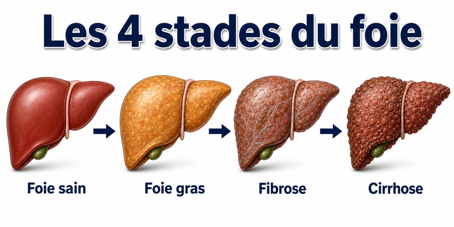 Quatre illustrations de stades de maladie du foie : sain, gras, fibrose, cirrhose