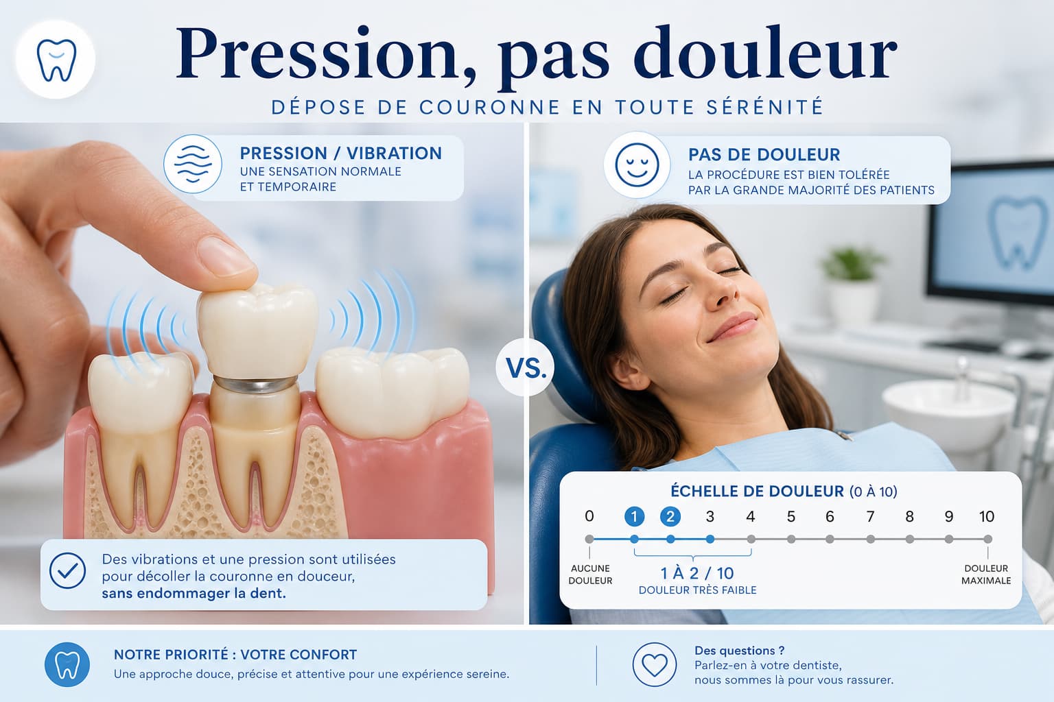 Graphique comparatif montrant à gauche une main pressant doucement un modèle de dent avec une onde vibratoire, à droite un visage serein de patient avec une échelle de douleur indiquant 1-2 sur 10, sur fond de cabinet dentaire, avec le titre