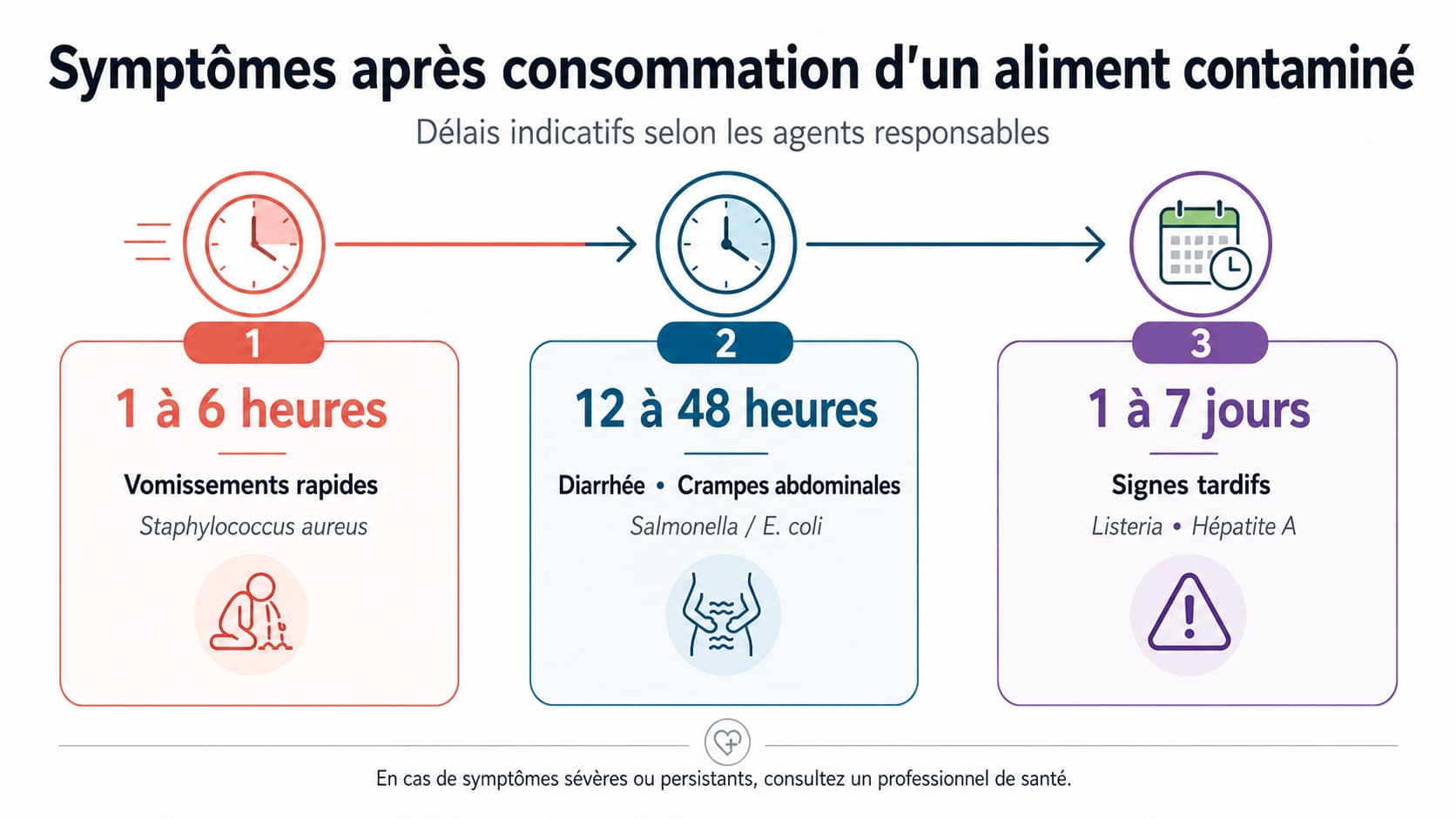 Infographie chronologique présentant trois périodes après ingestion d