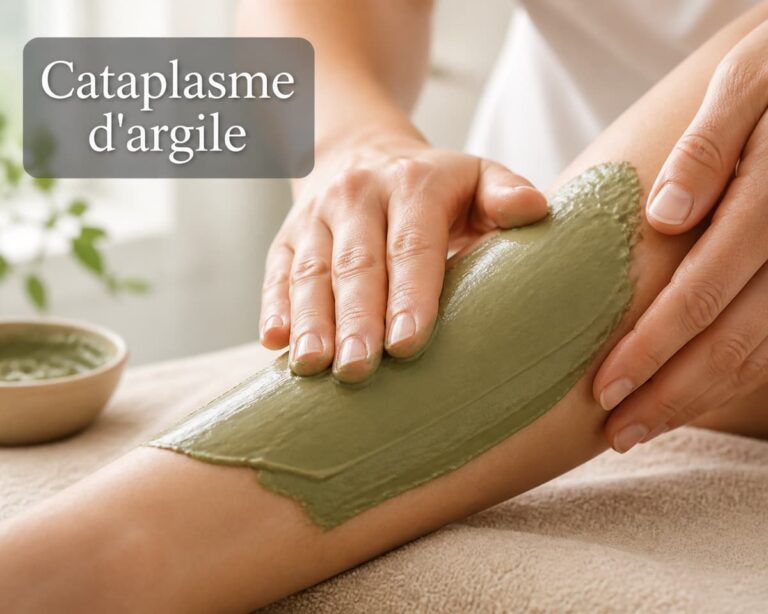 Mains étalant une épaisse couche d'argile verte sur une peau saine, avec le texte 'Cataplasme d'argile' en surimpression.