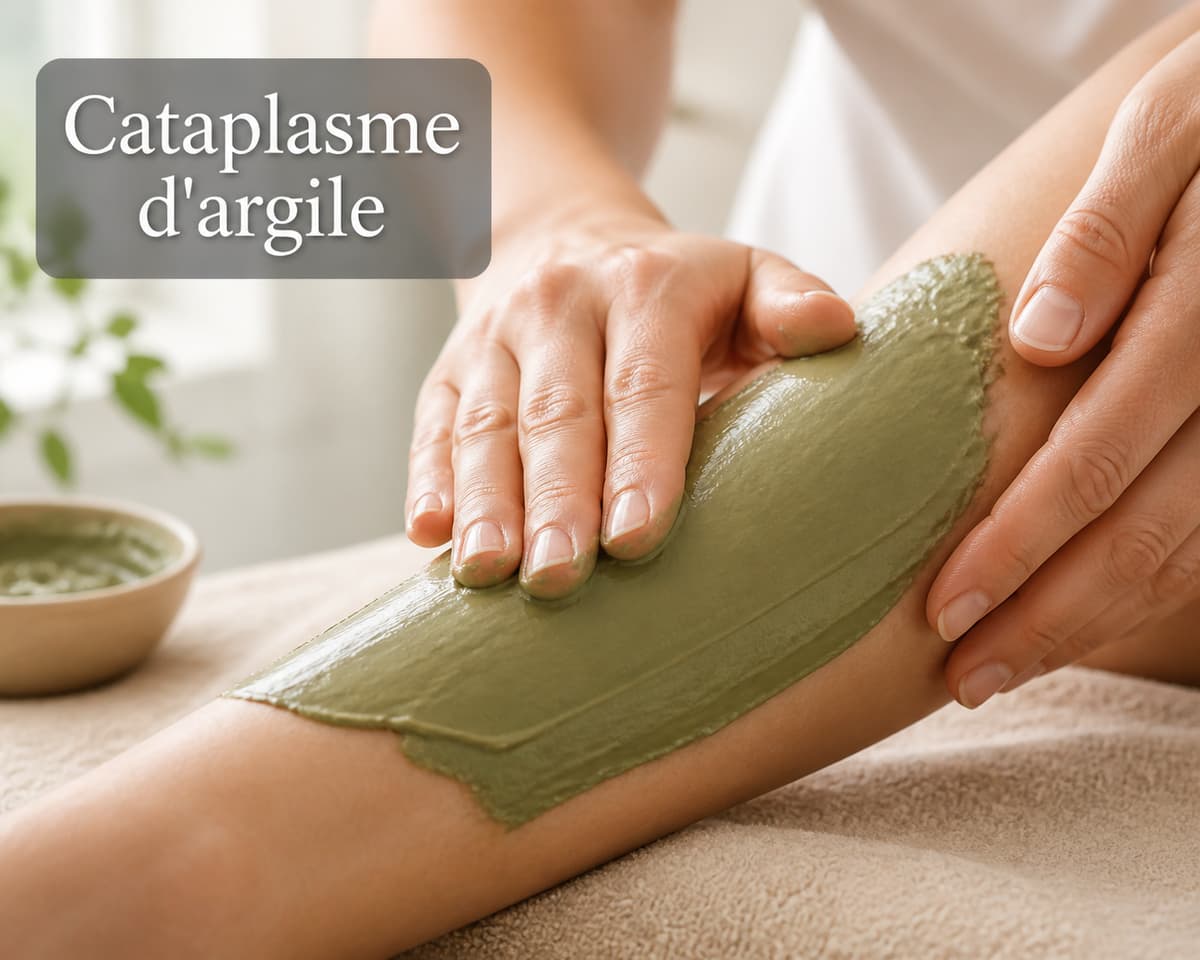 Mains étalant une épaisse couche d'argile verte sur une peau saine, avec le texte 'Cataplasme d'argile' en surimpression.