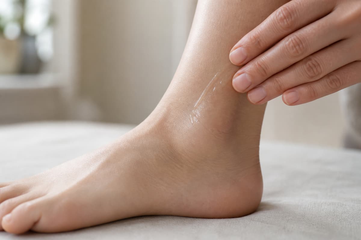 Tube neutre pressé au-dessus de doigts qui étalent une fine couche de gel transparent sur une cheville saine.