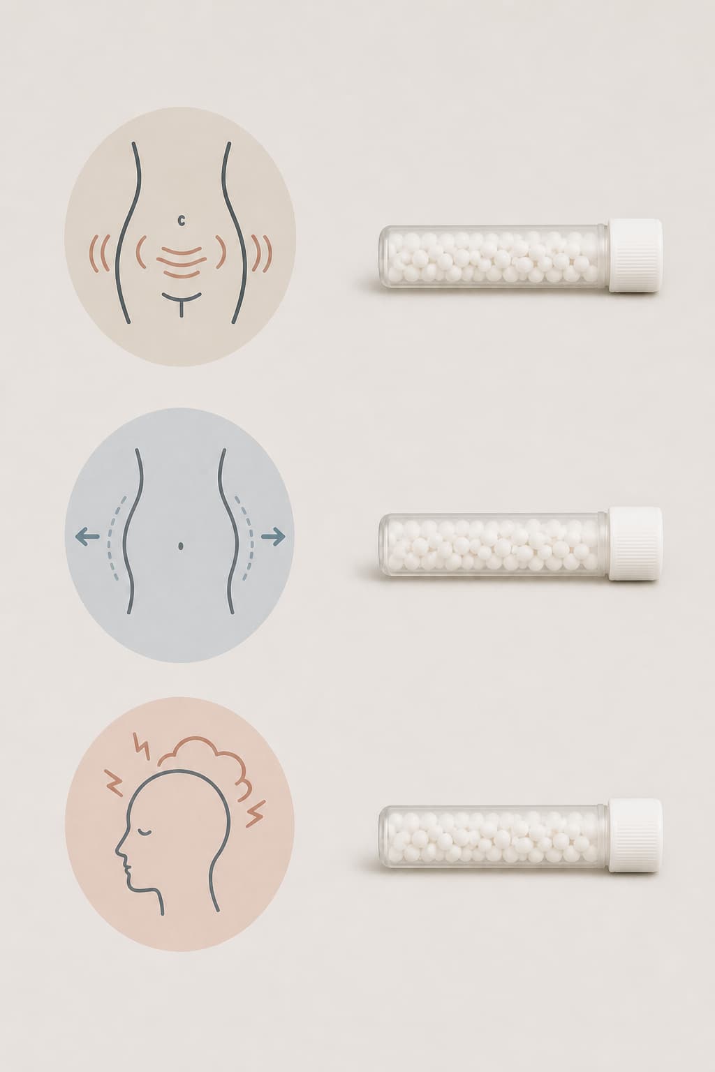 Composition graphique épurée alignant trois icônes symboliques de symptômes (spasme, ballonnement, stress) avec trois tubes de granules homéopathiques sur fond uni.