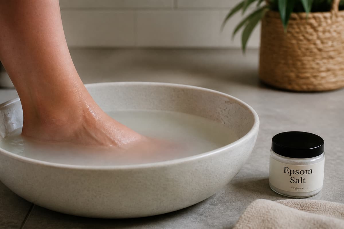 Un pied immergé jusqu’à la cheville dans une bassine d’eau tiède contenant du sel d’Epsom dissous, dans une salle de bain sobre.