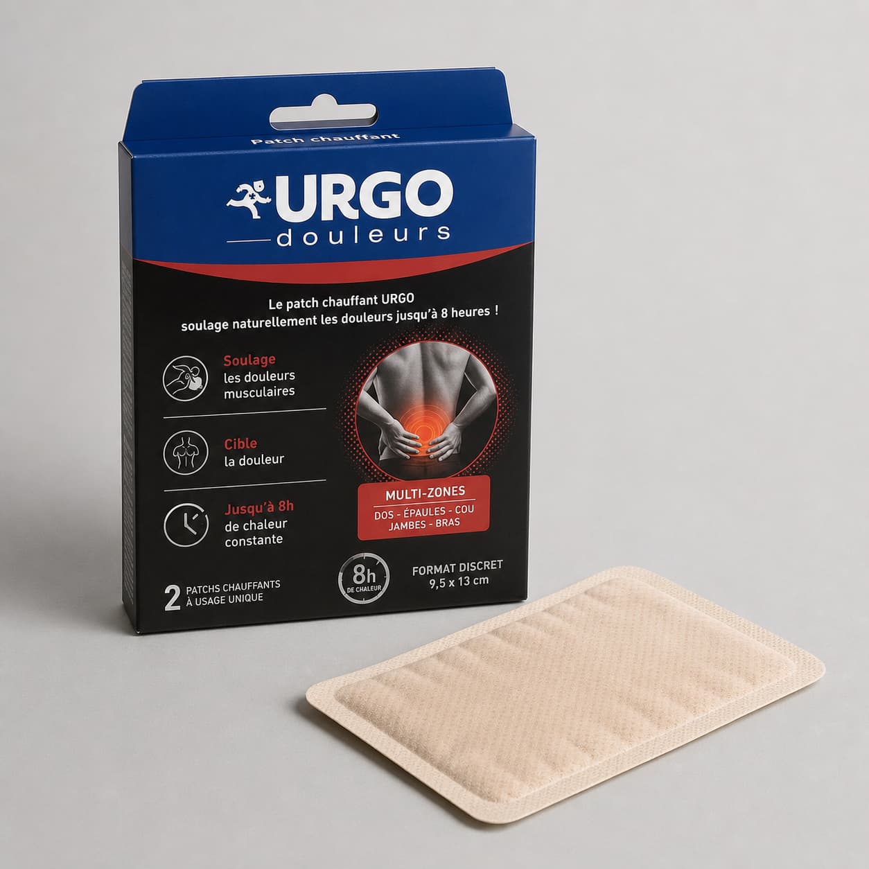 Boîte de patchs chauffants Urgo posée à côté d