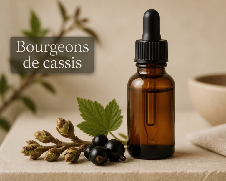 Flacon compte-gouttes en verre ambré sans étiquette posé à côté de bourgeons de cassis frais et de quelques cassis noirs sur fond neutre, avec le texte « Bourgeons de cassis » affiché.