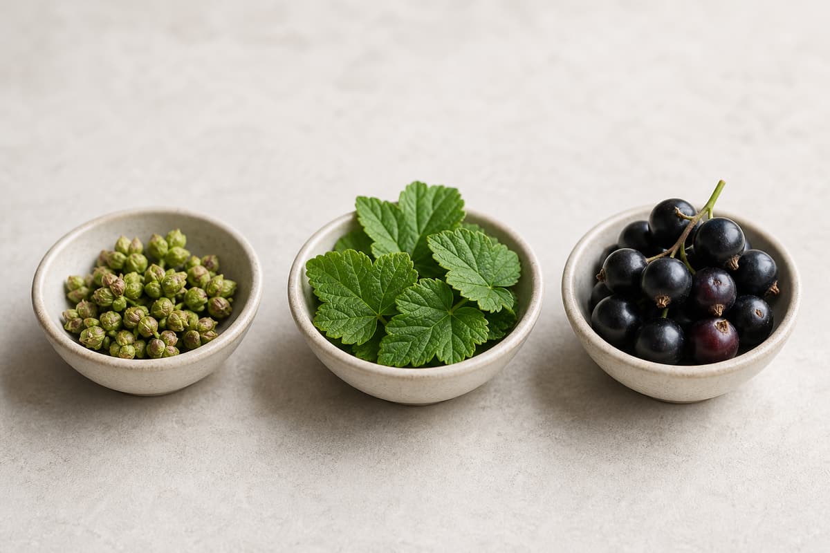 Trois récipients distincts alignés sur fond neutre, contenant respectivement des bourgeons de cassis, des feuilles de cassis et des baies de cassis.
