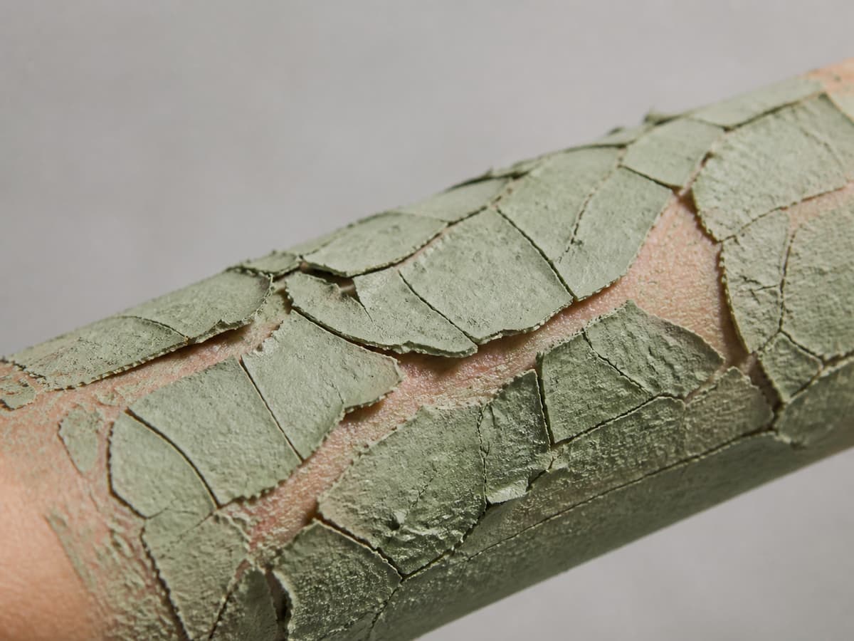 Cataplasme d'argile verte sèche et craquelée sur une peau tendue, présentant des fissures et une couleur terne.