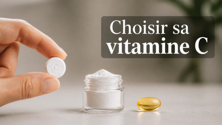 Main tenant un comprimé, à côté d'un pot de poudre et d'une gélule sur un comptoir de pharmacie neutre, avec le texte « Choisir sa vitamine C » affiché.