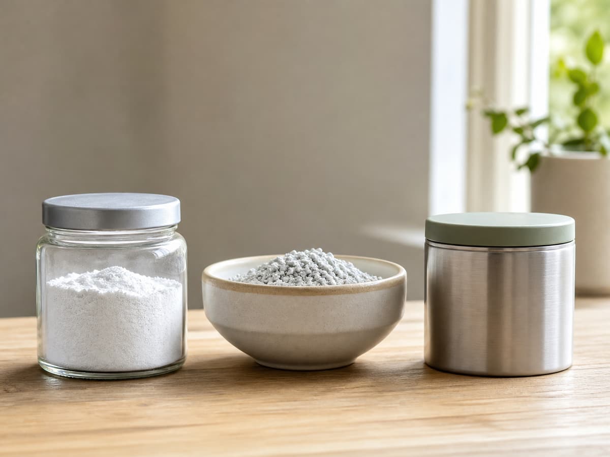 Trois récipients alignés sur une table en bois clair, chacun avec une couleur d'accent différente (gris, beige, vert sauge) et contenant des poudres de teintes distinctes, sans texte ni logo.