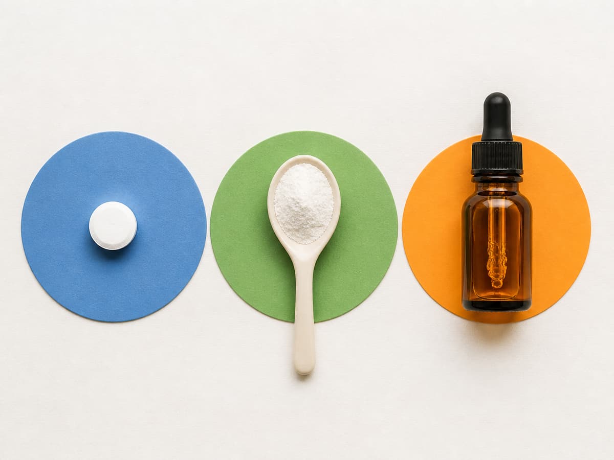 Vue de dessus de trois formes de vitamine C alignées : un comprimé blanc, une cuillère de poudre blanche et un flacon compte-gouttes ambré, chacun posé sur une pastille de couleur différente.