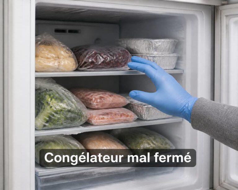 Un congélateur blanc entrouvert avec une main gantée inspectant des emballages alimentaires surgelés, texte « Congélateur mal fermé » en incrustation.