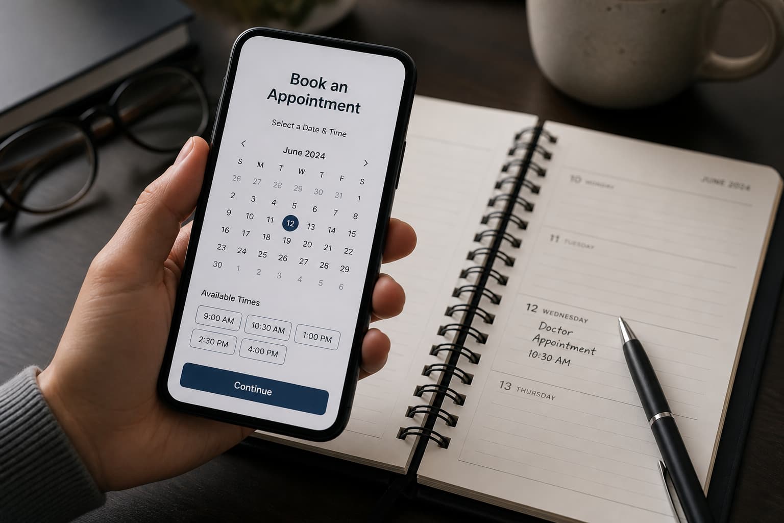 Gros plan sur une main tenant un téléphone portable, avec un agenda ouvert en arrière-plan, éclairage sobre et composition centrée.