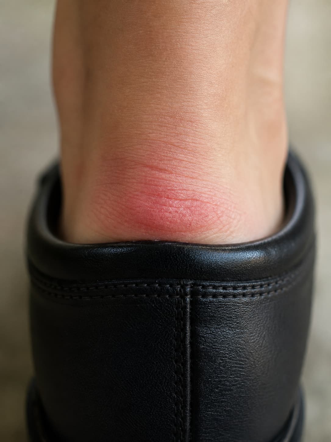 Gros plan sur le bord supérieur rigide d’une chaussure appuyant contre la peau du talon, provoquant une zone de rougeur et d’irritation visible.