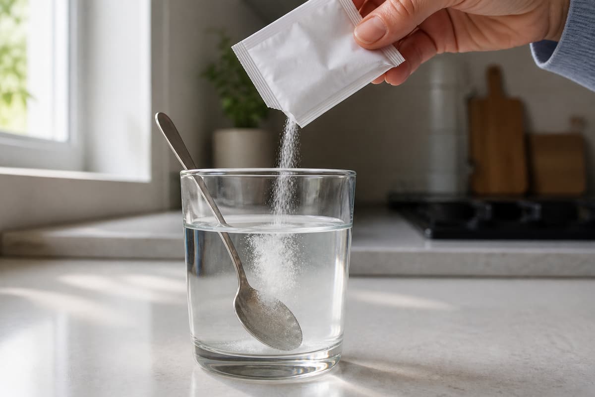 Main versant de la poudre blanche depuis un sachet alimentaire ouvert dans un grand verre transparent rempli d'eau, avec une cuillère à mélanger posée à l'intérieur.