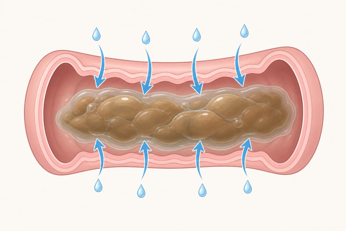 Schéma simplifié d’un intestin avec des flèches indiquant un flux d’eau vers la lumière intestinale et un contenu hydraté.