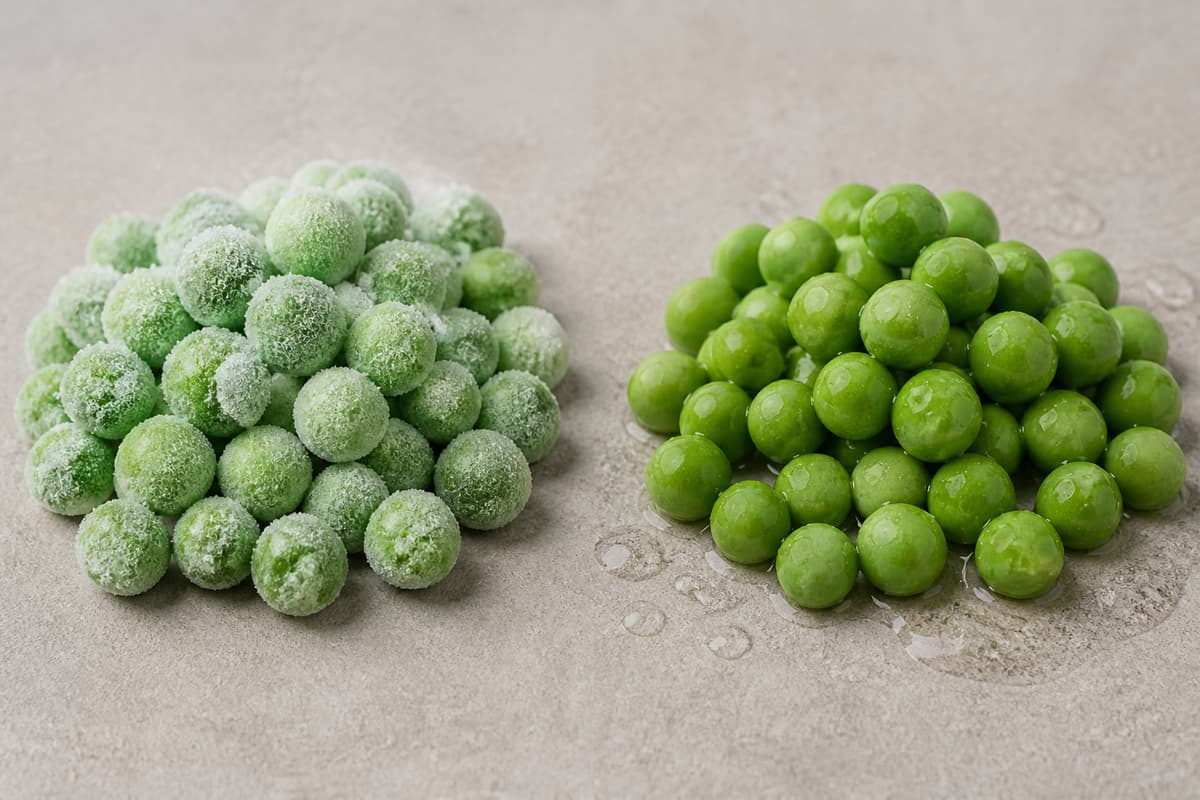 Deux petits tas de légumes surgelés posés côte à côte sur une surface neutre, l’un encore couvert de cristaux de glace et l’autre ramolli avec des gouttelettes d’eau.