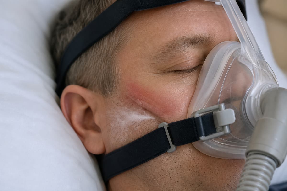 Gros plan sur le visage d’un dormeur portant un masque PPC/CPAP, une fuite d’air visible au niveau du coussin et une légère marque rouge sur la joue, un oreiller flou en arrière-plan.