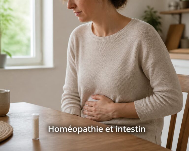 Une personne en légère gêne abdominale, une main sur le ventre, un tube de granules homéopathiques sur une table dans un intérieur apaisant, avec le texte 'Homéopathie et intestin' superposé.