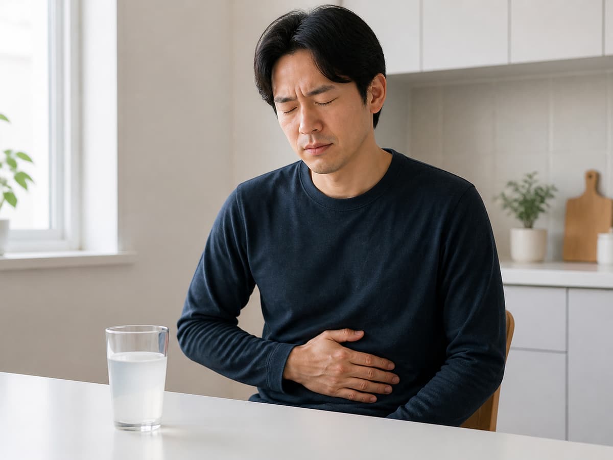 Personne assise à une table, une main posée sur l'abdomen avec une expression d'inconfort modéré, un verre de solution magnésienne posé devant elle.