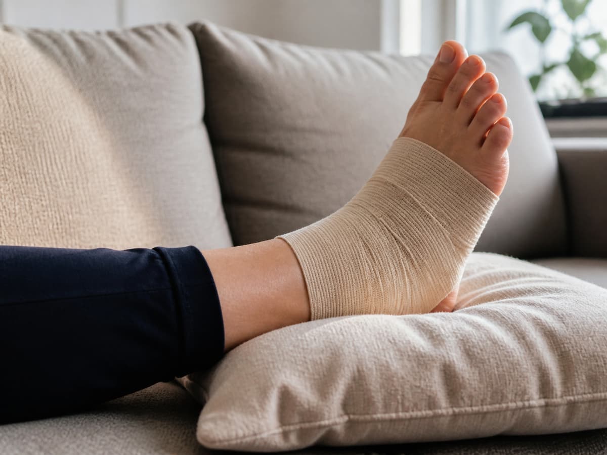 Jambe allongée sur un canapé avec la cheville surélevée sur un coussin et enveloppée d’un bandage élastique souple, sans compression excessive.