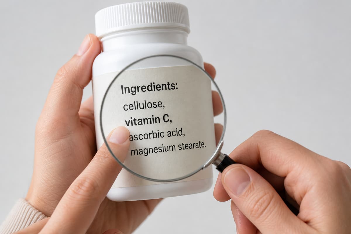 Des mains tiennent un flacon de complément alimentaire, une loupe grossit la liste des ingrédients et un doigt pointe une ligne mentionnant la vitamine C.