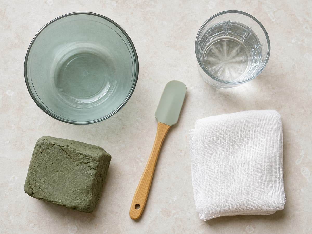 Vue de dessus d'un kit de préparation de cataplasme d'argile verte posé sur une surface claire avec un bol, une spatule, de l'argile, une compresse et un verre d'eau.