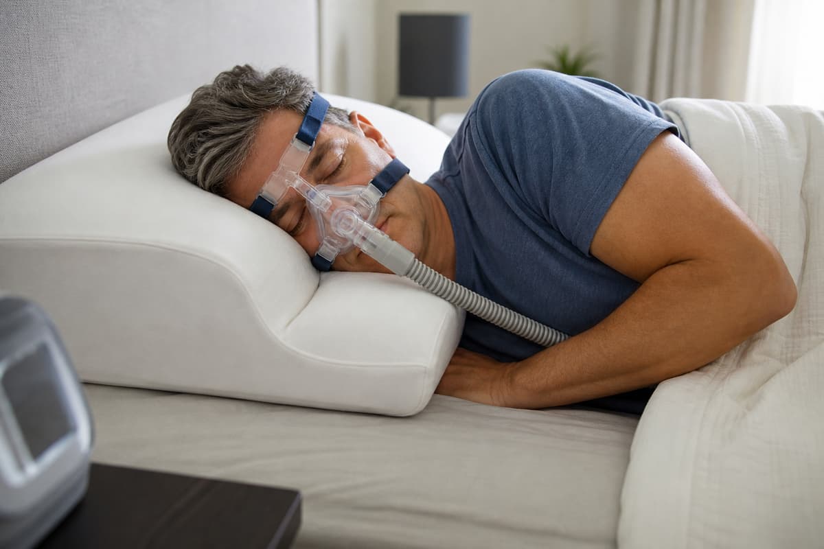 Dormeur sur le côté portant un masque PPC/CPAP, la tête posée sur un oreiller à découpe latérale laissant la joue et le tuyau libres de toute pression.