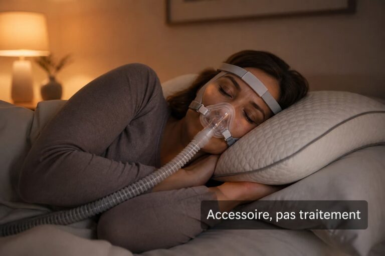 Personne endormie sur le côté portant un masque PPC/CPAP, la tête posée sur un oreiller maintenant l'alignement tête-cou, avec le texte superposé 'Accessoire, pas traitement'.